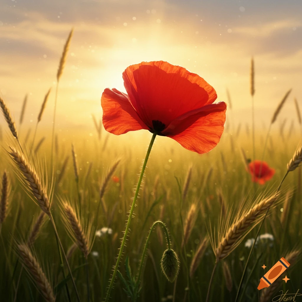 A vibrant red poppy stands tall in a sunlit field of golden wheat, with soft light particles shimmering in the air.