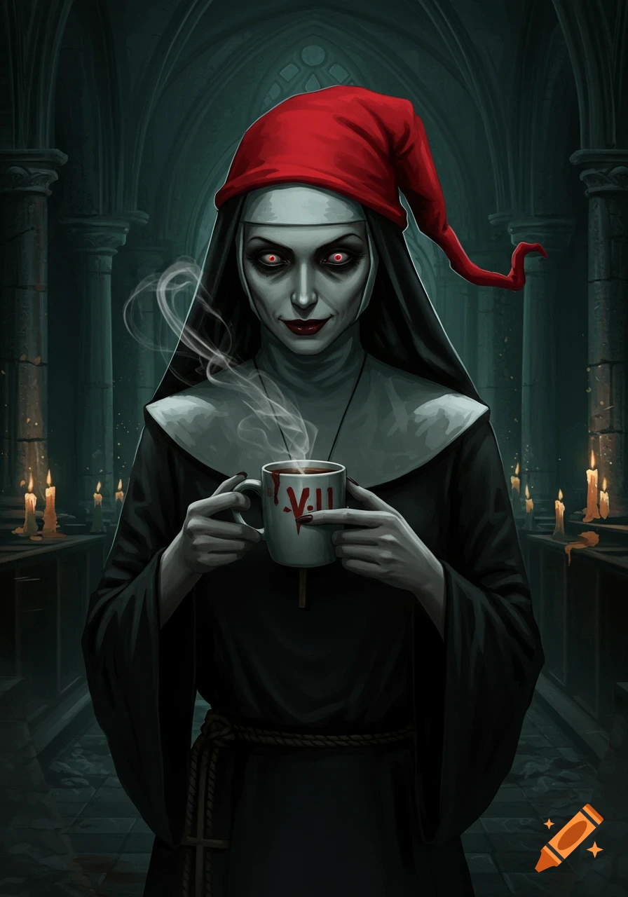 A sinister nun with red eyes and a red stocking cap holds a steaming mug marked with "V.II" in a dark, gothic cathedral.