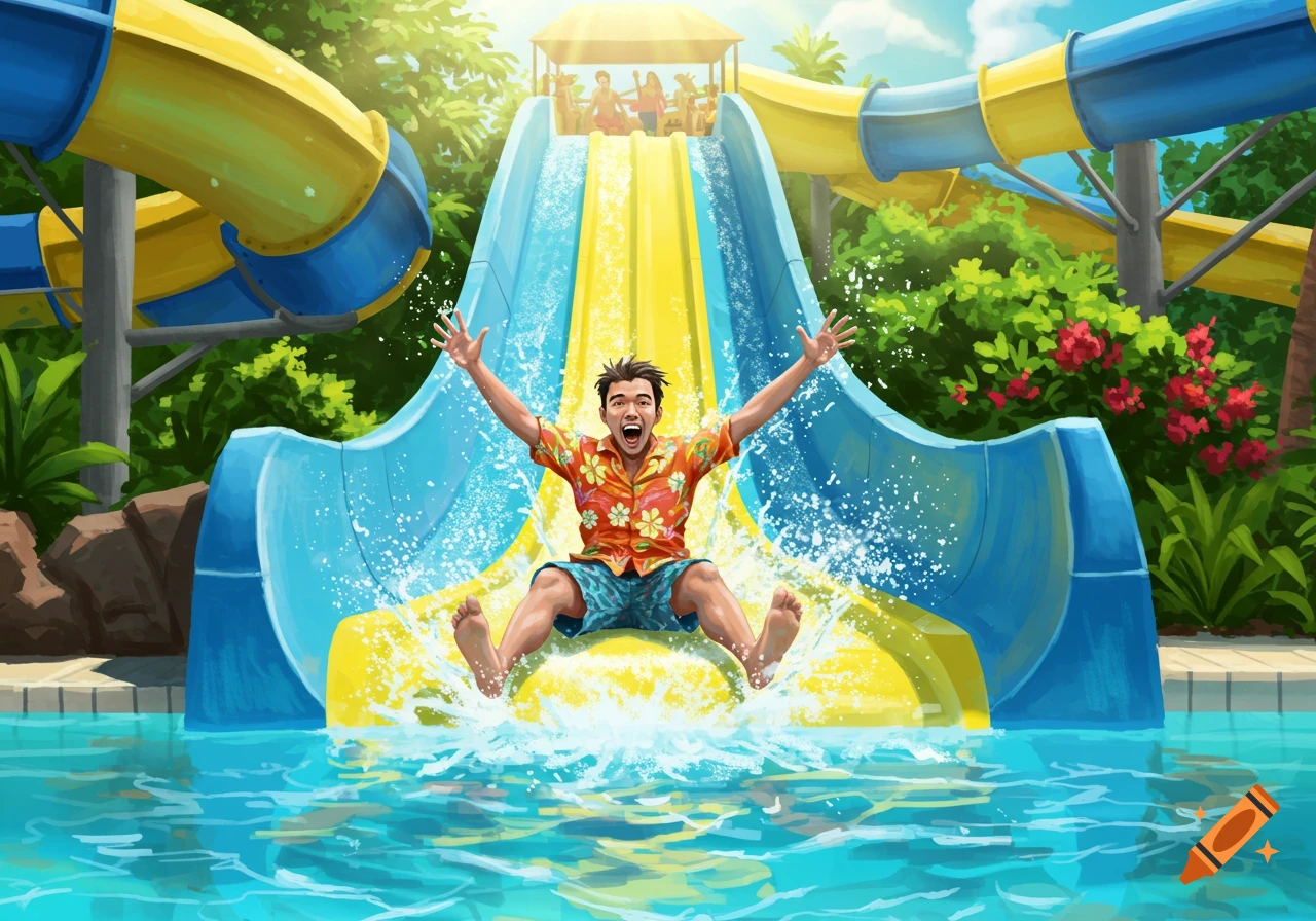 Illustrated man joyfully sliding down a blue and yellow water slide into a pool, splashing water on a sunny day at a water park.