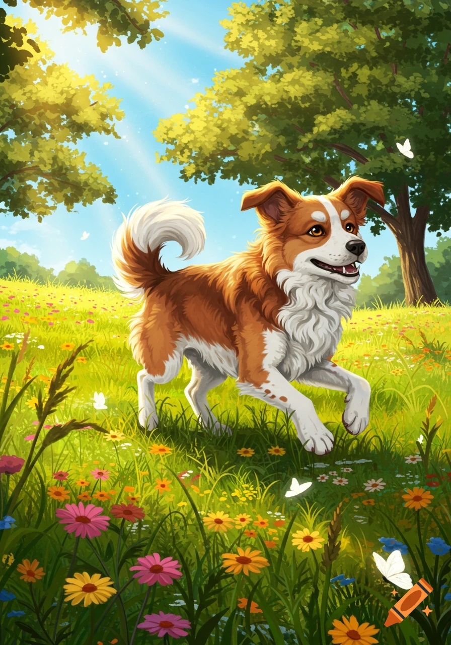 A happy, fluffy brown and white dog runs through a vibrant, sunny meadow filled with colorful wildflowers and butterflies, in a cartoon illustration style.