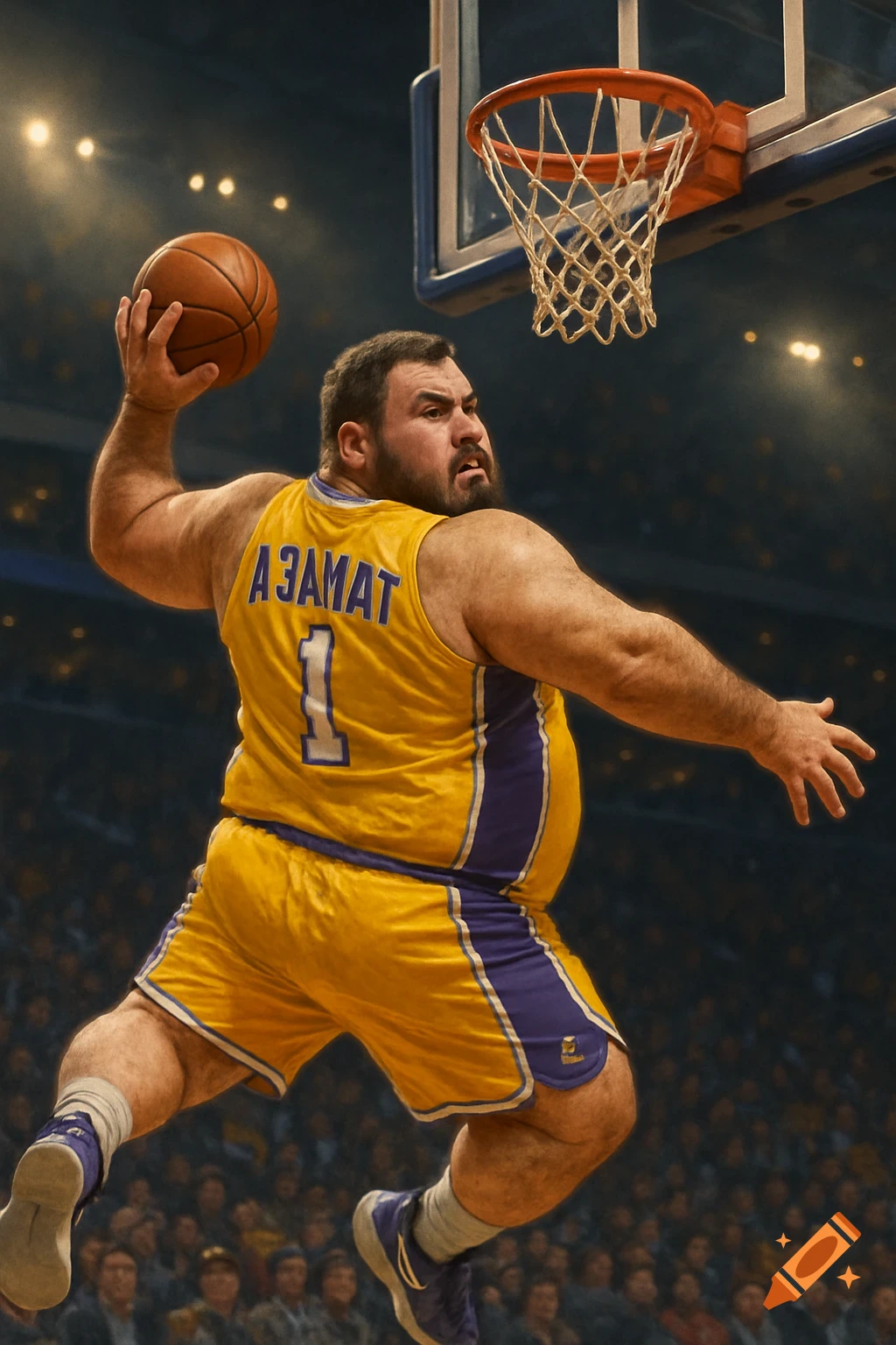 A hefty male basketball player in a yellow and purple jersey with 'АЗАМАТ 1' on the back, jumps to dunk a basketball during a game.