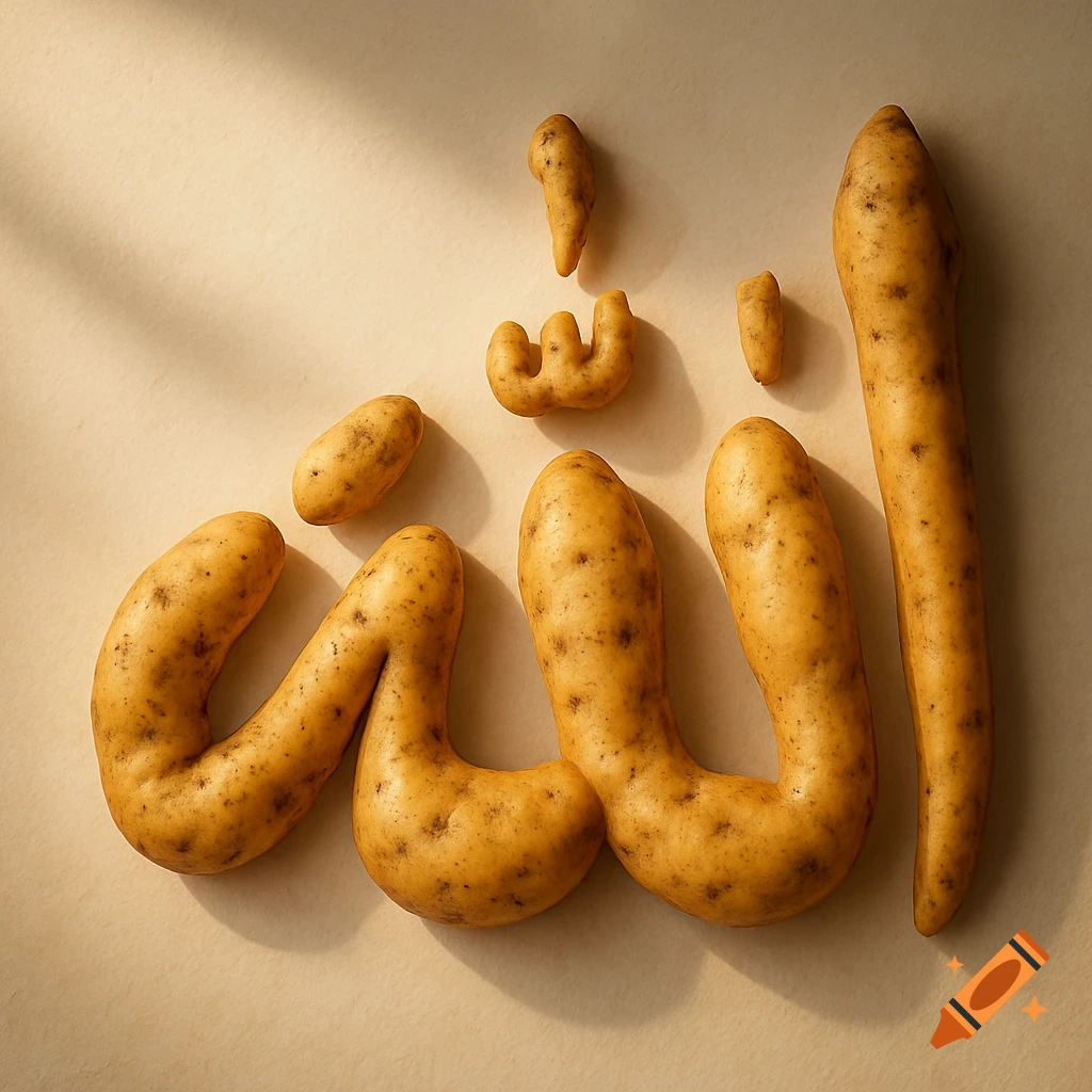 Photorealistic arrangement of potatoes forming the Arabic calligraphy for 'Allah' on a simple background.