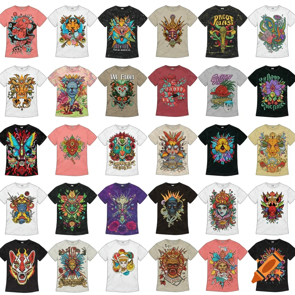 A grid of 30 distinct t-shirt designs featuring colorful, intricate illustrations of fantasy creatures, abstract art, and stylized faces.
