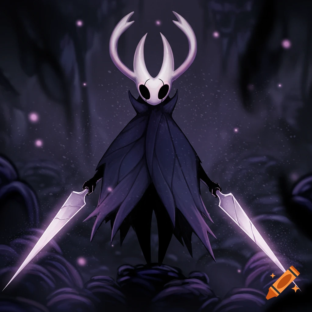 A stylized, cloaked white-masked figure with large horns holds two glowing swords in a dark, ethereal fantasy setting.