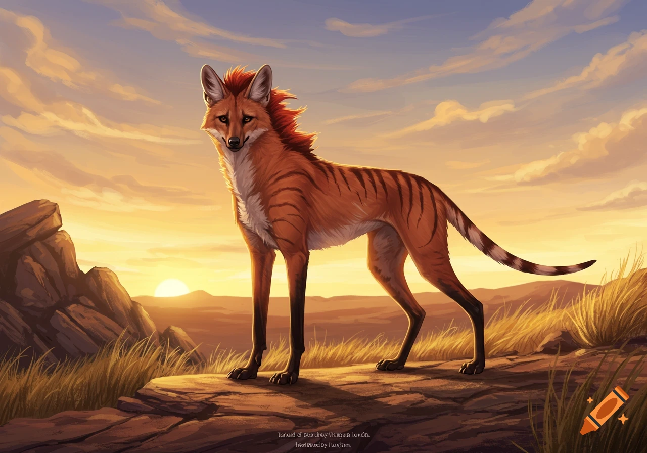 A stylized maned wolf thylacine hybrid stands on a rocky outcrop at sunset, with a vibrant sky.