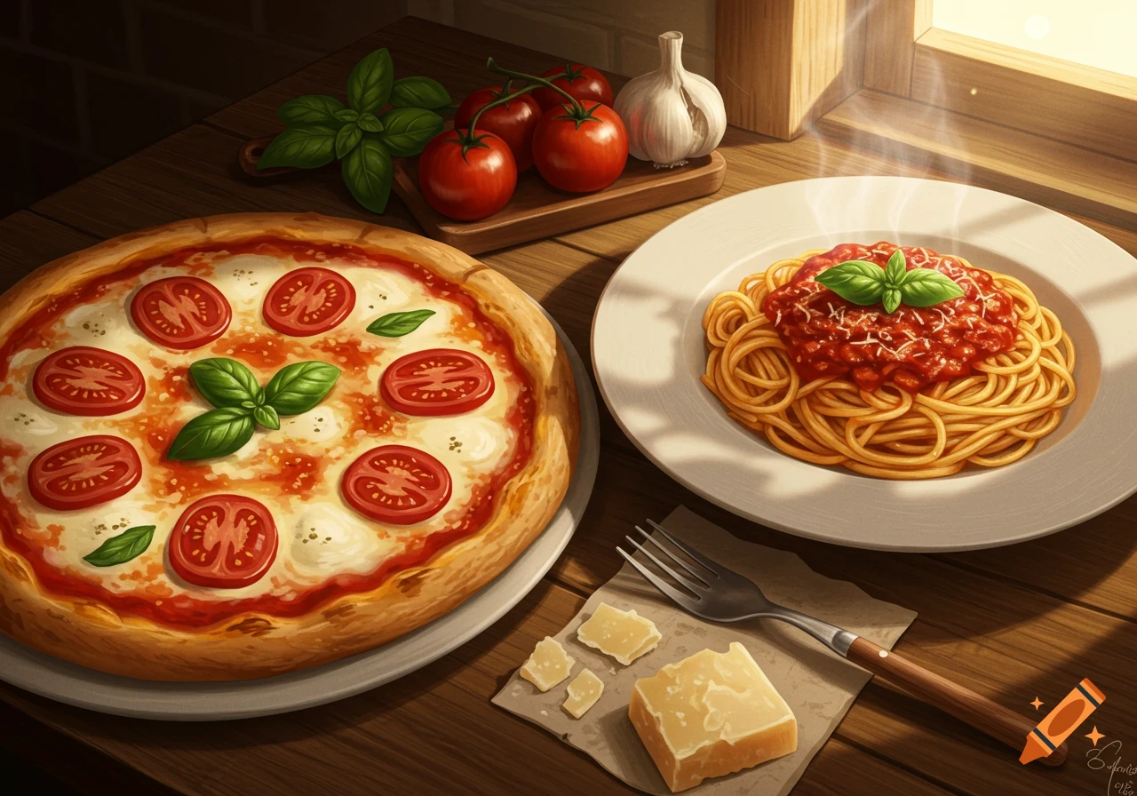 A stylized painting of a cheesy pizza and a plate of spaghetti with marinara sauce, basil, tomatoes, and garlic on a wooden table.