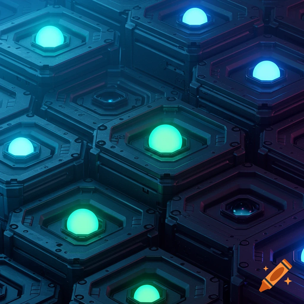 Close-up of a futuristic dark metallic surface composed of hexagonal structures, each containing a glowing blue or green orb.