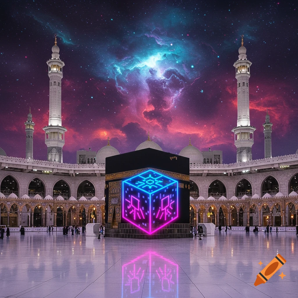 A neon geometric cube with pink and blue lights stands in the center of a grand mosque courtyard, reflecting on the polished floor, under a vibrant cosmic sky with nebulae.