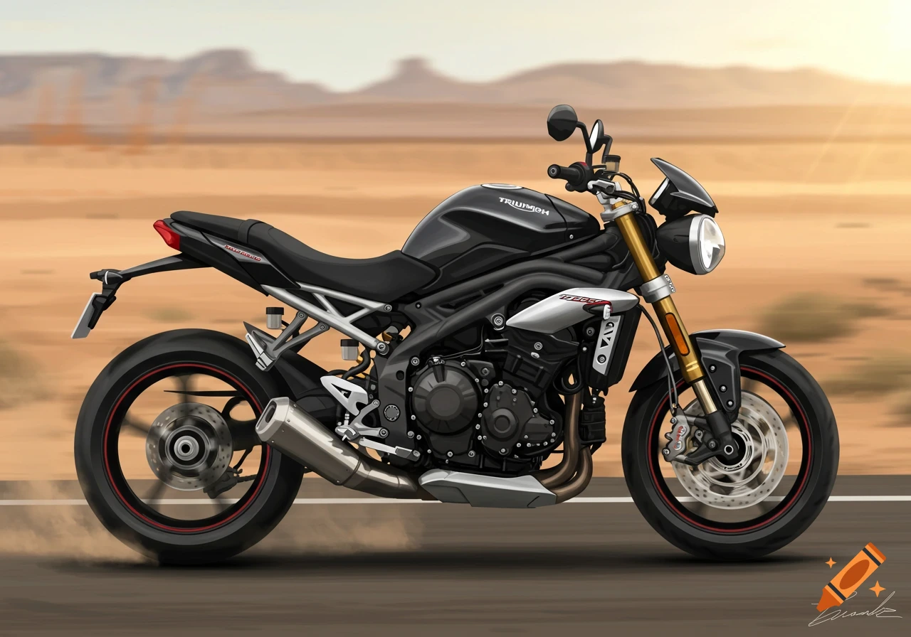 Stylized illustration of a black Triumph Speed Triple motorcycle on a desert road with mountains in the background.
