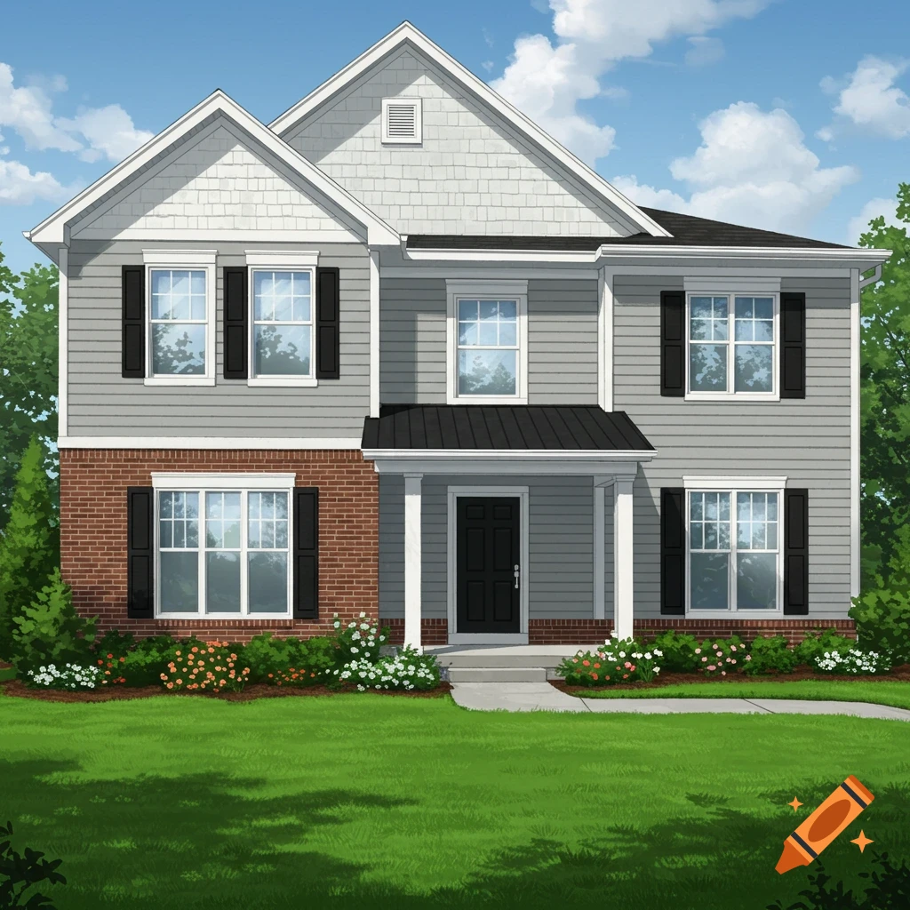 Illustrated two-story house with grey siding, brick base, white trim, black shutters, green lawn, and landscaping.