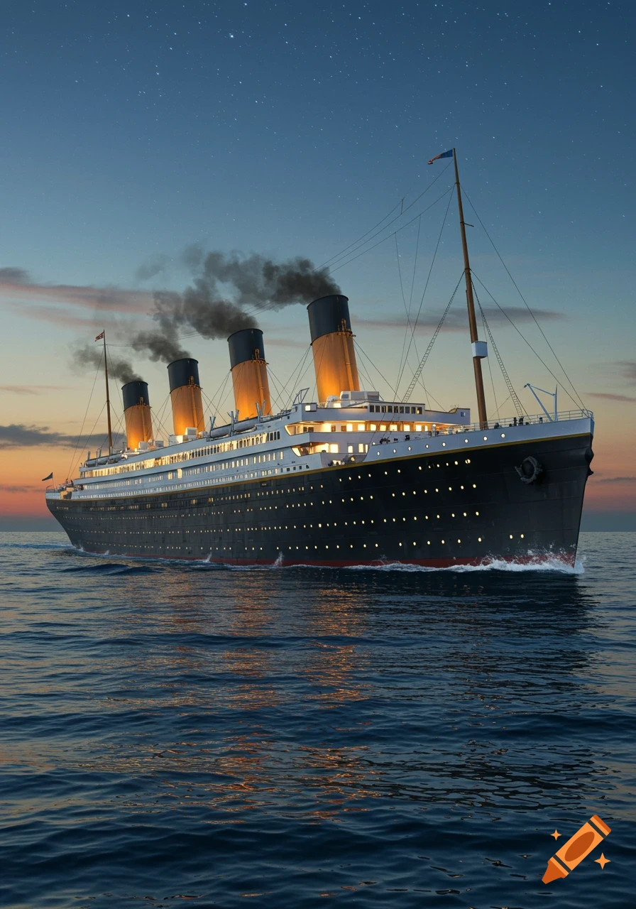 Photorealistic image of the Titanic sailing on a calm ocean at twilight under a starry sky.
