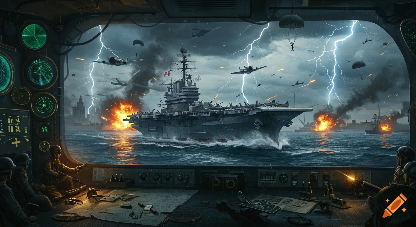 A dramatic naval battle scene with an aircraft carrier, planes, lightning, and explosions, viewed from inside a war room with soldiers.