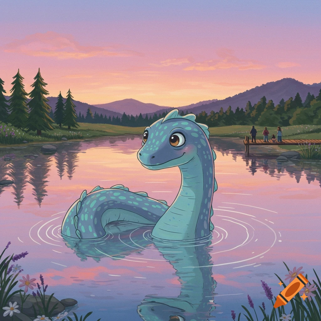 A cute, cartoon-style lake monster with blue-green skin and spots emerges from a pink and purple lake at sunset. Pine trees and mountains line the shore.