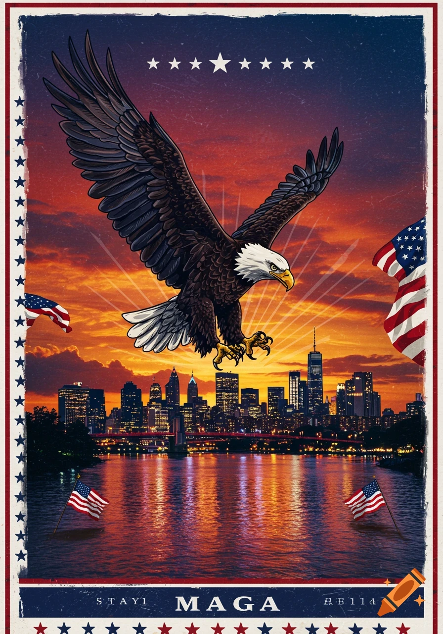 Stylized poster of a bald eagle soaring over a city skyline at sunset, with American flags, and the text "MAGA" at the bottom.