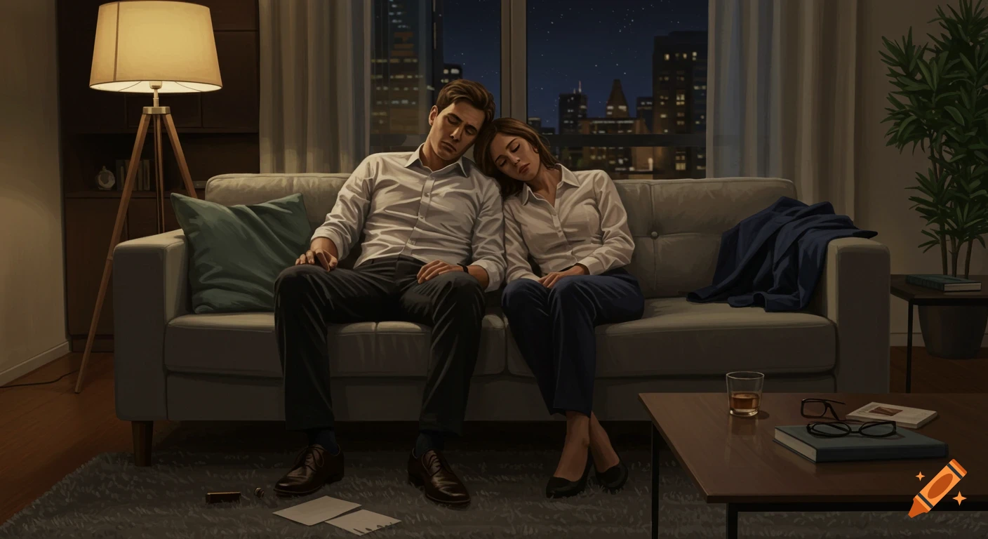 A man and a woman asleep on a living room couch at night, city lights visible outside the window, in a realistic style.