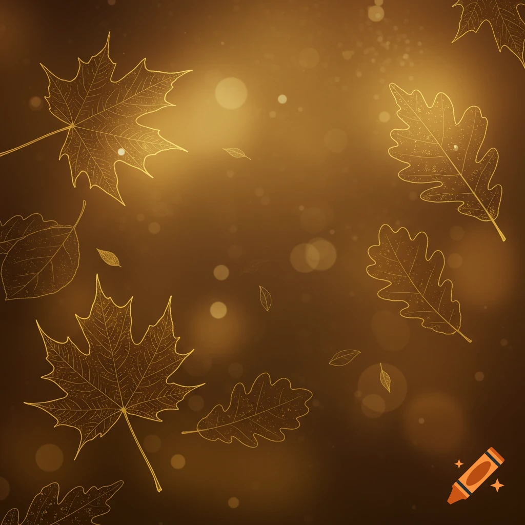 Golden outlined autumn leaves, including maple and oak, float on a warm brown bokeh background.