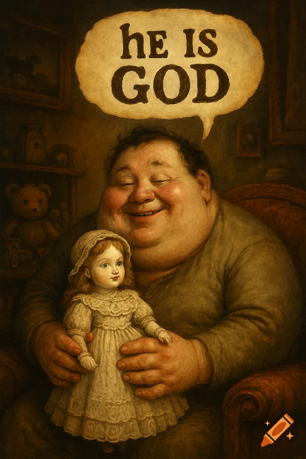 A smiling, obese man holds a doll, with a speech bubble saying 'HE IS GOD' above his head. Dark, painterly art.