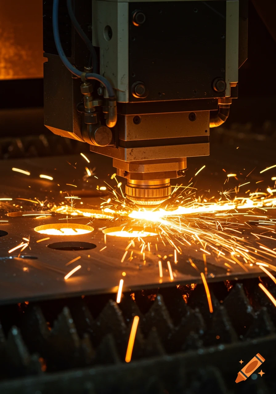 Close-up of an industrial laser cutting machine creating sparks as it cuts a metal sheet, photorealistic.
