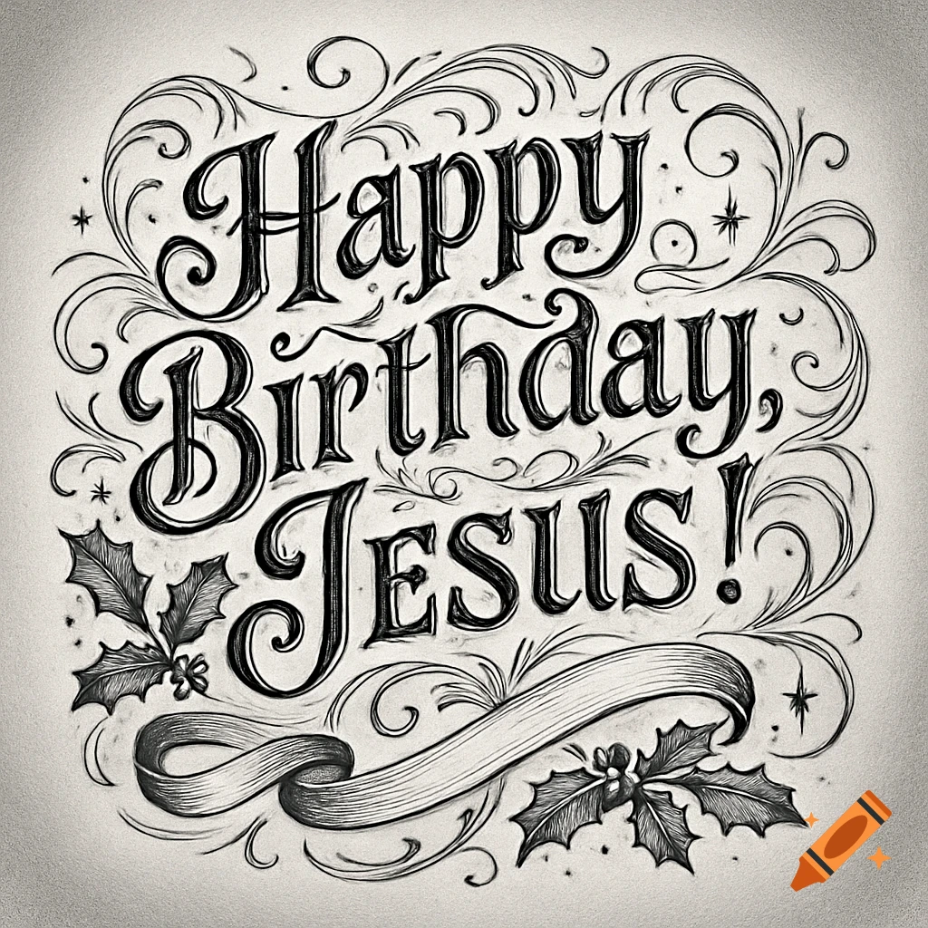 Decorative black and white lettering reads 'Happy Birthday, Jesus!' with holly leaves and flourishes.