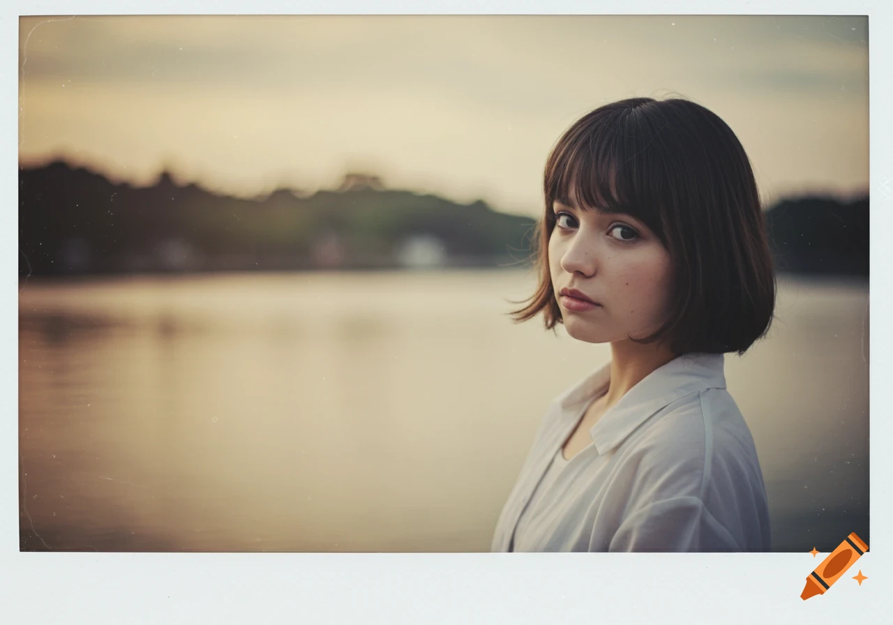 A young woman with short brown hair looks at the camera in a polaroid photo, with a blurred lake and hills behind her.