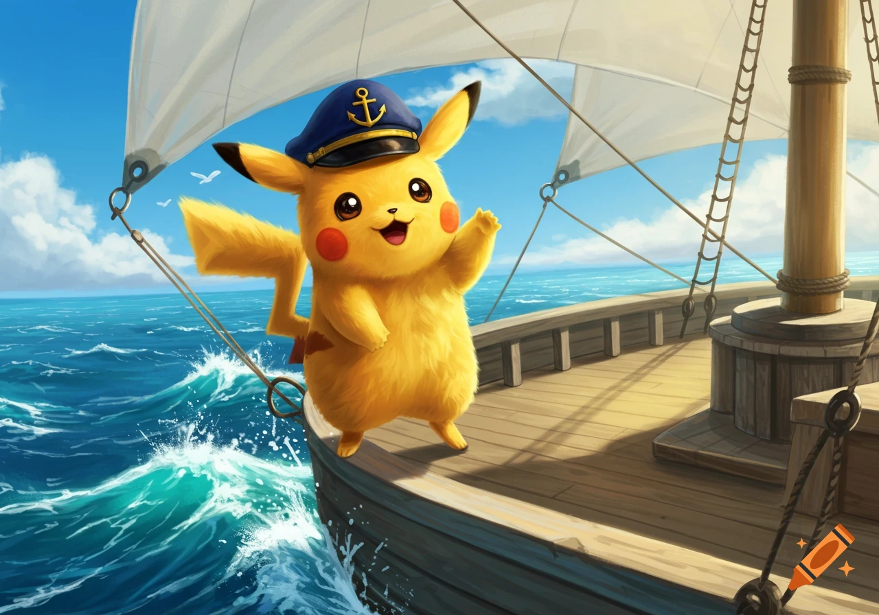 Pikachu wearing a captain's hat waves from the bow of a sailing ship on a sunny ocean.