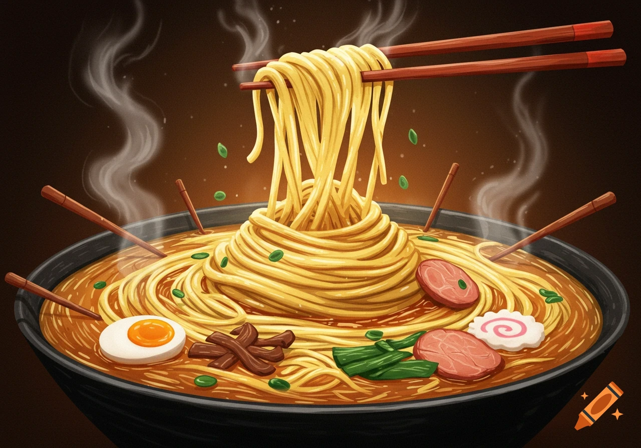 A vibrant illustration of a steaming bowl of ramen with chopsticks lifting noodles, eggs, meat, and vegetables.