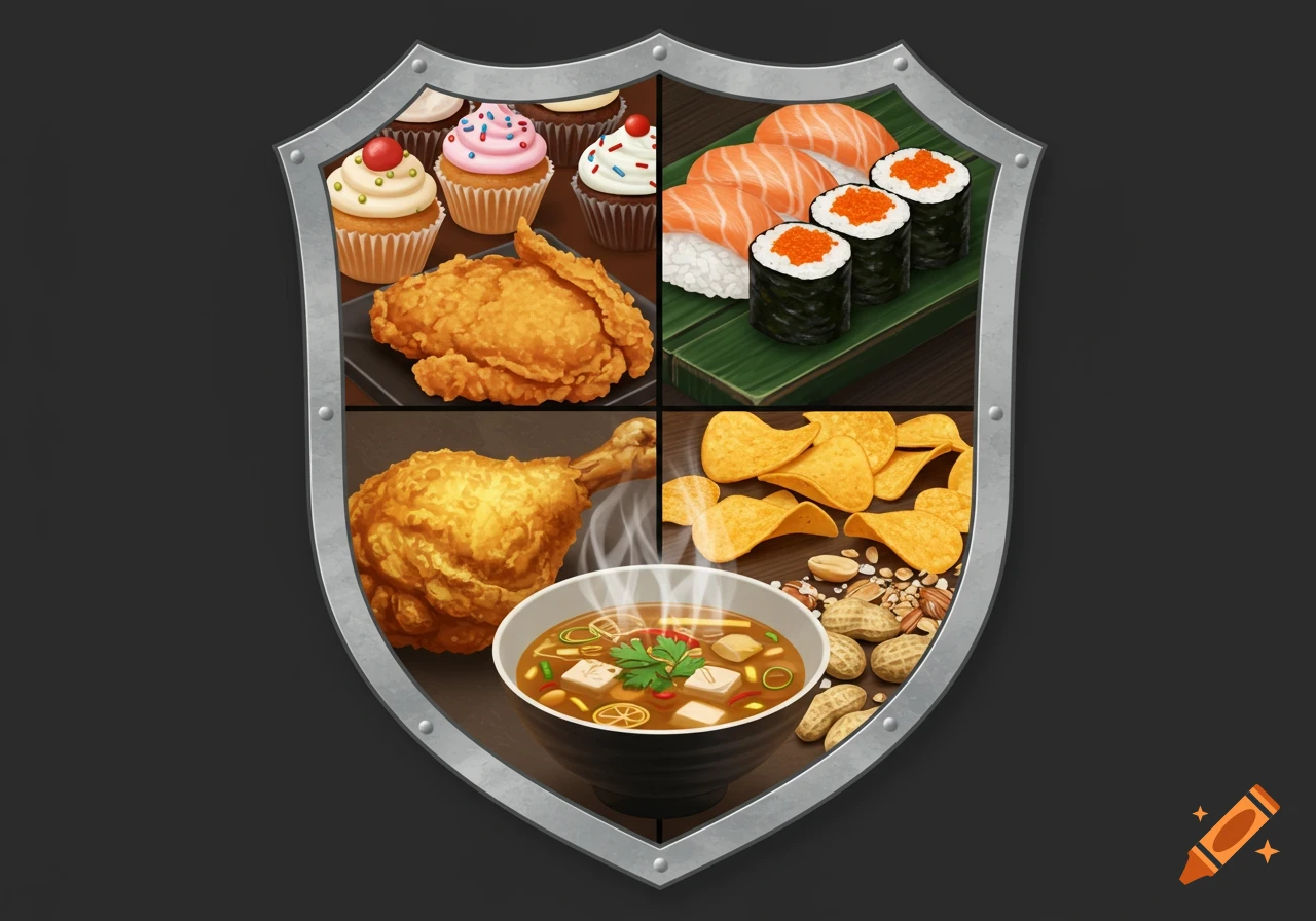 A shield-shaped food collage featuring cupcakes, sushi, fried chicken, chips, soup, and peanuts.