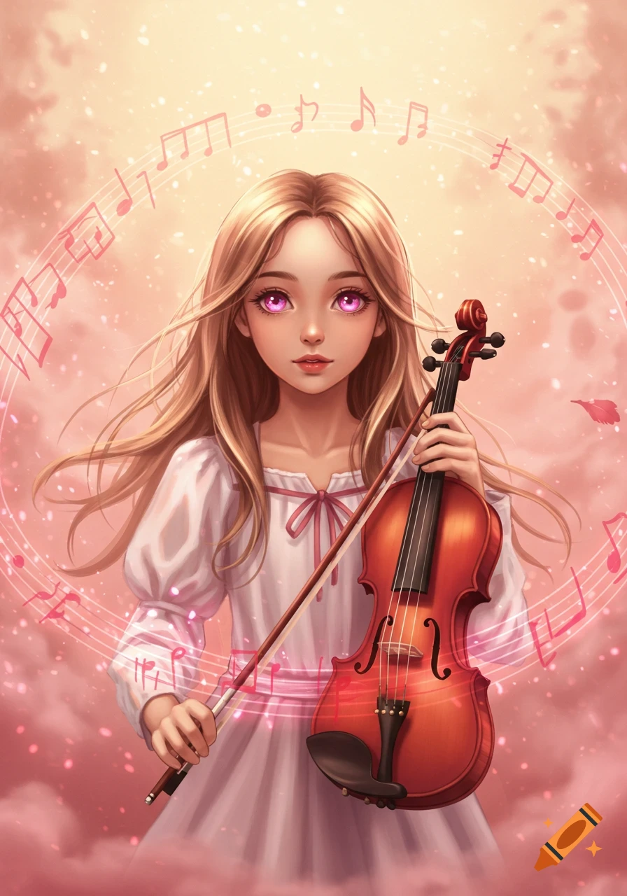A young girl with long blonde hair and pink eyes holds a violin and bow, surrounded by glowing pink musical notes in an anime art style.