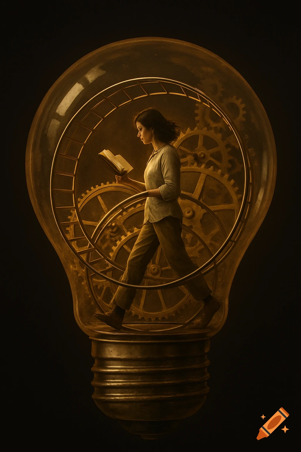 A woman walks inside a giant, golden lightbulb filled with clockwork gears, reading a book.