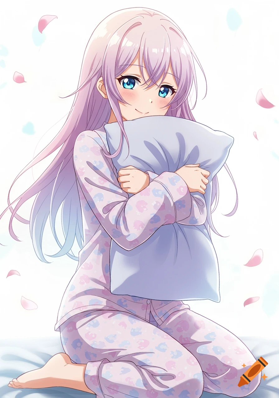 Anime illustration of a cute girl with long lavender hair, wearing pink and blue patterned pajamas, hugging a pillow while kneeling on a bed.