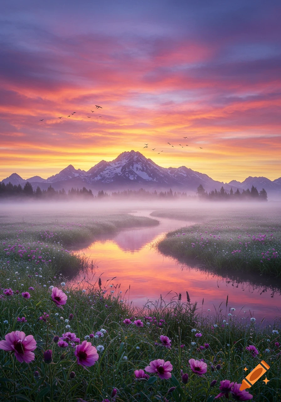 A photorealistic mountain landscape with a winding river reflecting a vibrant orange and purple sunset, surrounded by misty fields of pink flowers.