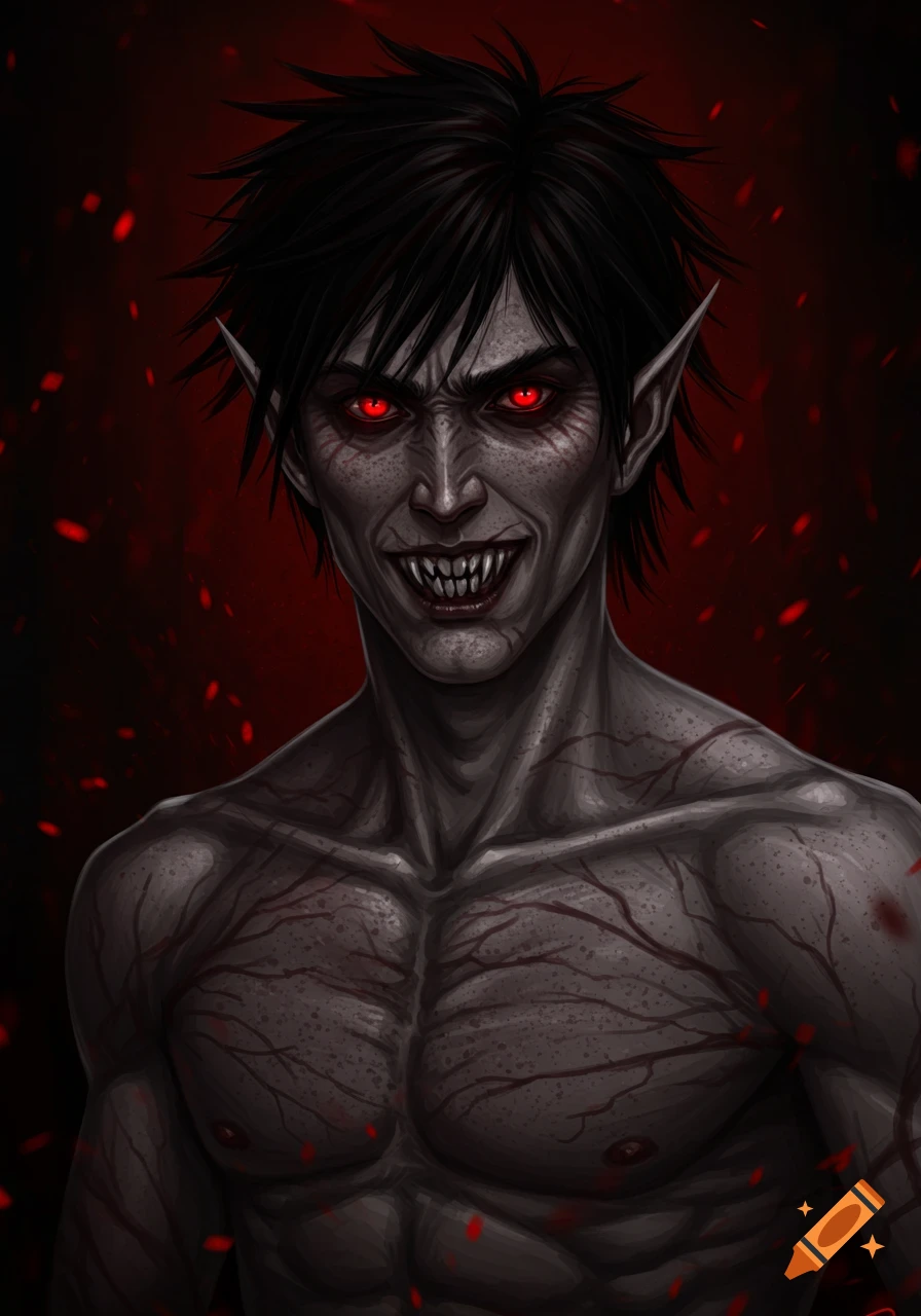 Close-up of a menacing vampire-like man with sharp teeth, glowing red eyes, pointy ears, and dark hair, showing a muscular chest with vein-like patterns.