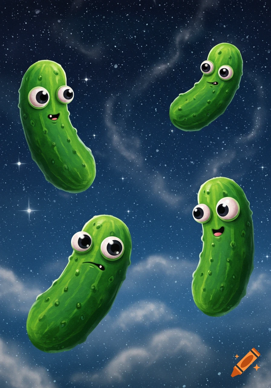 Four cute, big-eyed green cartoon pickles float with varied expressions in a starry dark blue space with nebulas, digital painting.