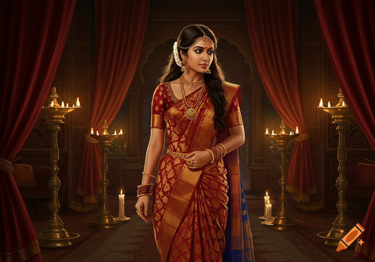 Painting of an Indian woman, an ancient princess, in a red and gold sari, traditional jewelry, in an ornate room with oil lamps.