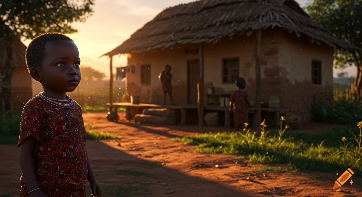 Illustration of a pensive young African child in traditional clothes, standing on a dirt path in a village at sunset.