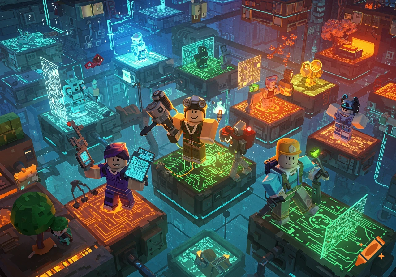 Stylized Roblox characters in a vibrant, blocky digital world with glowing circuit patterns, holding tools and screens.