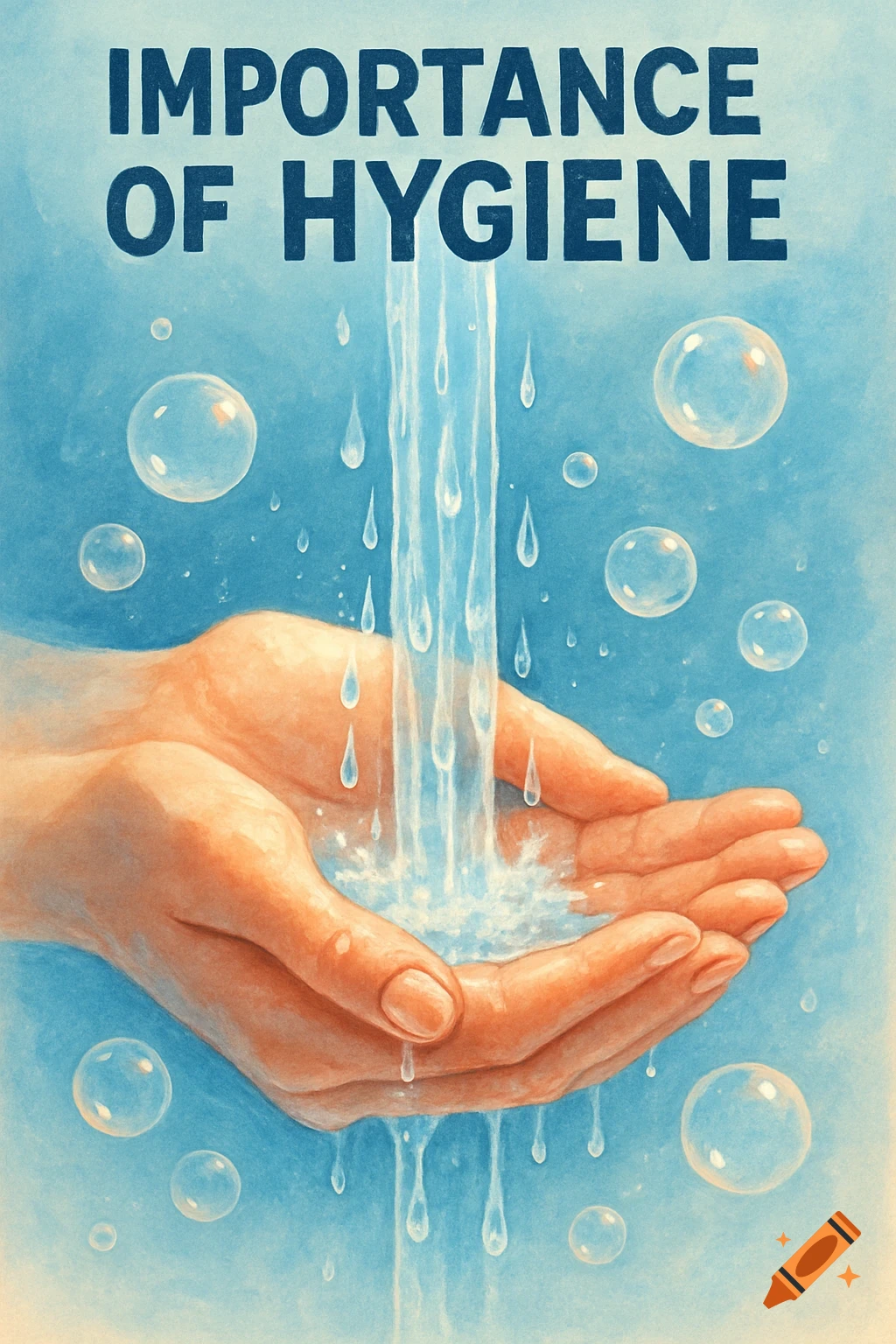 A watercolor illustration of two cupped hands washing under a stream of water with bubbles, and the text "IMPORTANCE OF HYGIENE" above.