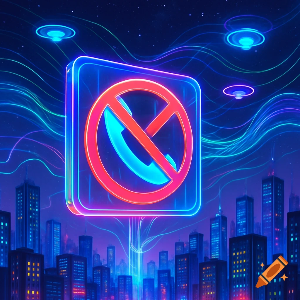 A glowing neon 'no phone calls' sign above a futuristic city skyline at night, with blue data streams and discs in the sky.