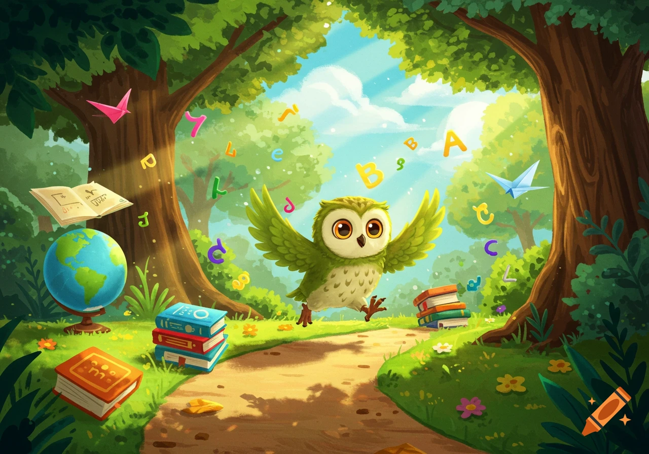 A cartoon green owl with big eyes runs through a sunny forest path, surrounded by floating letters, books, and a globe, in an educational style.