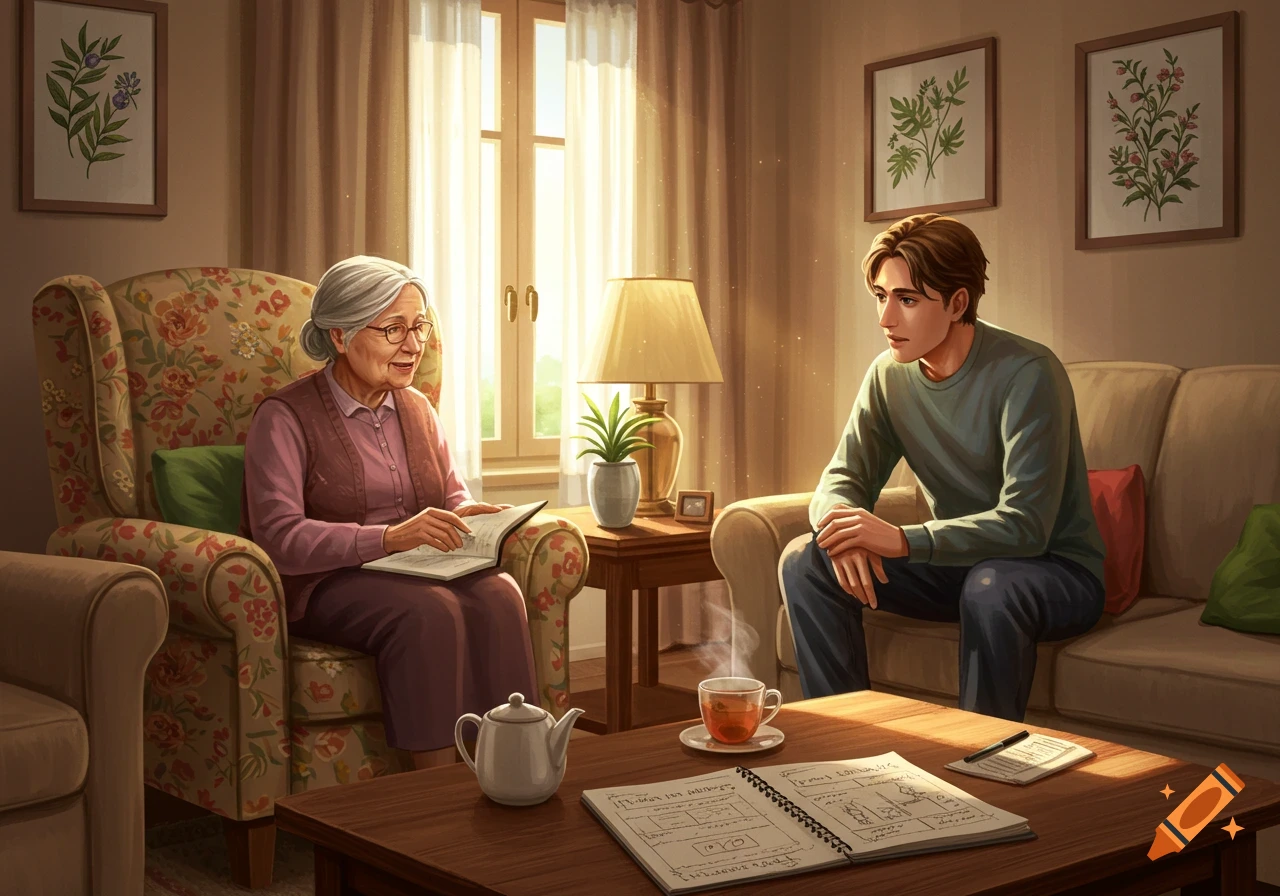 An elderly woman reads a book while sitting in a floral armchair, talking to a young man seated on a sofa in a sunlit living room. A teapot and open notebook are on the coffee table.