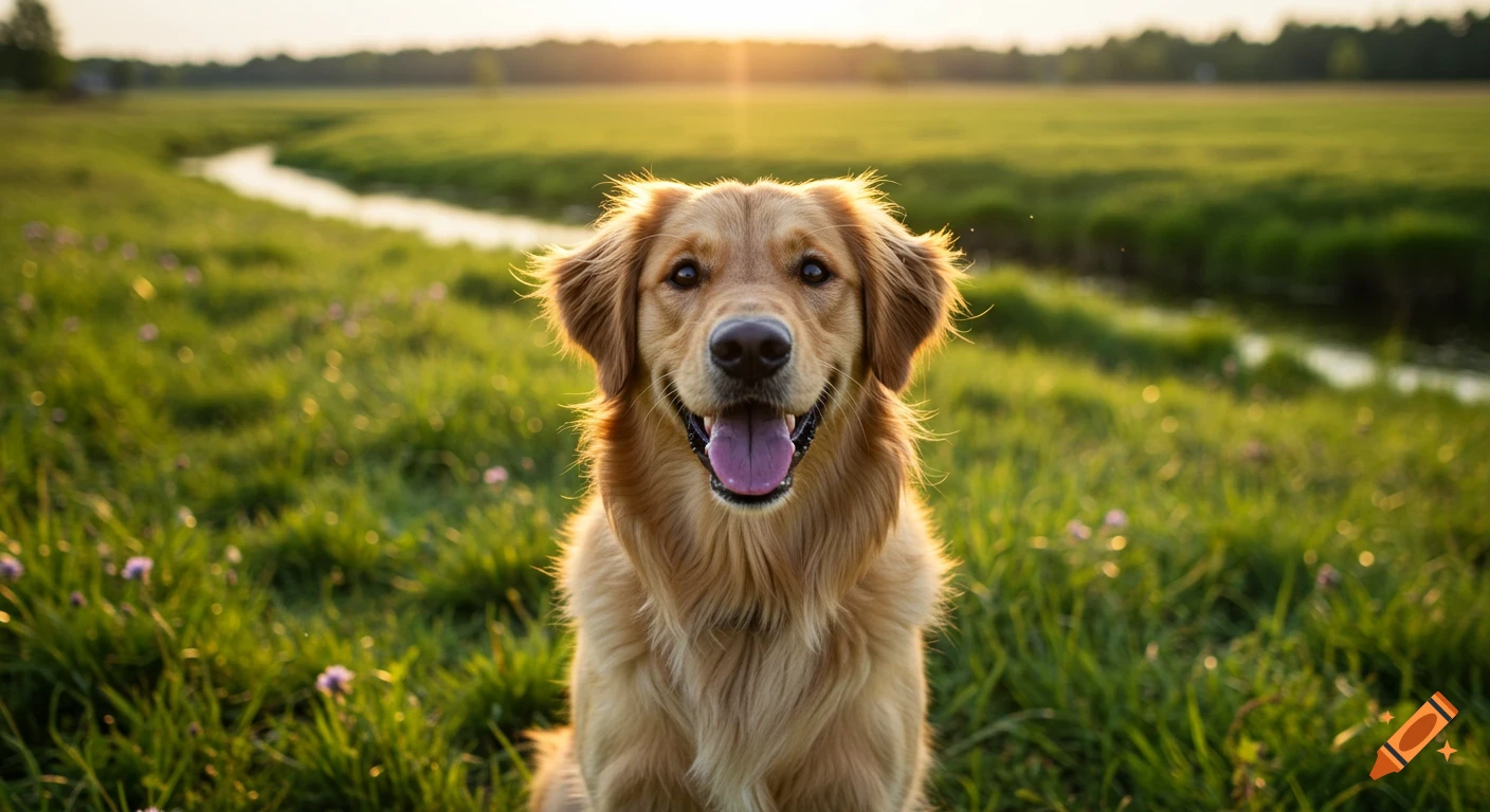 A happy golden retriever dog sits in a sunlit green field with a stream in the background during sunset.