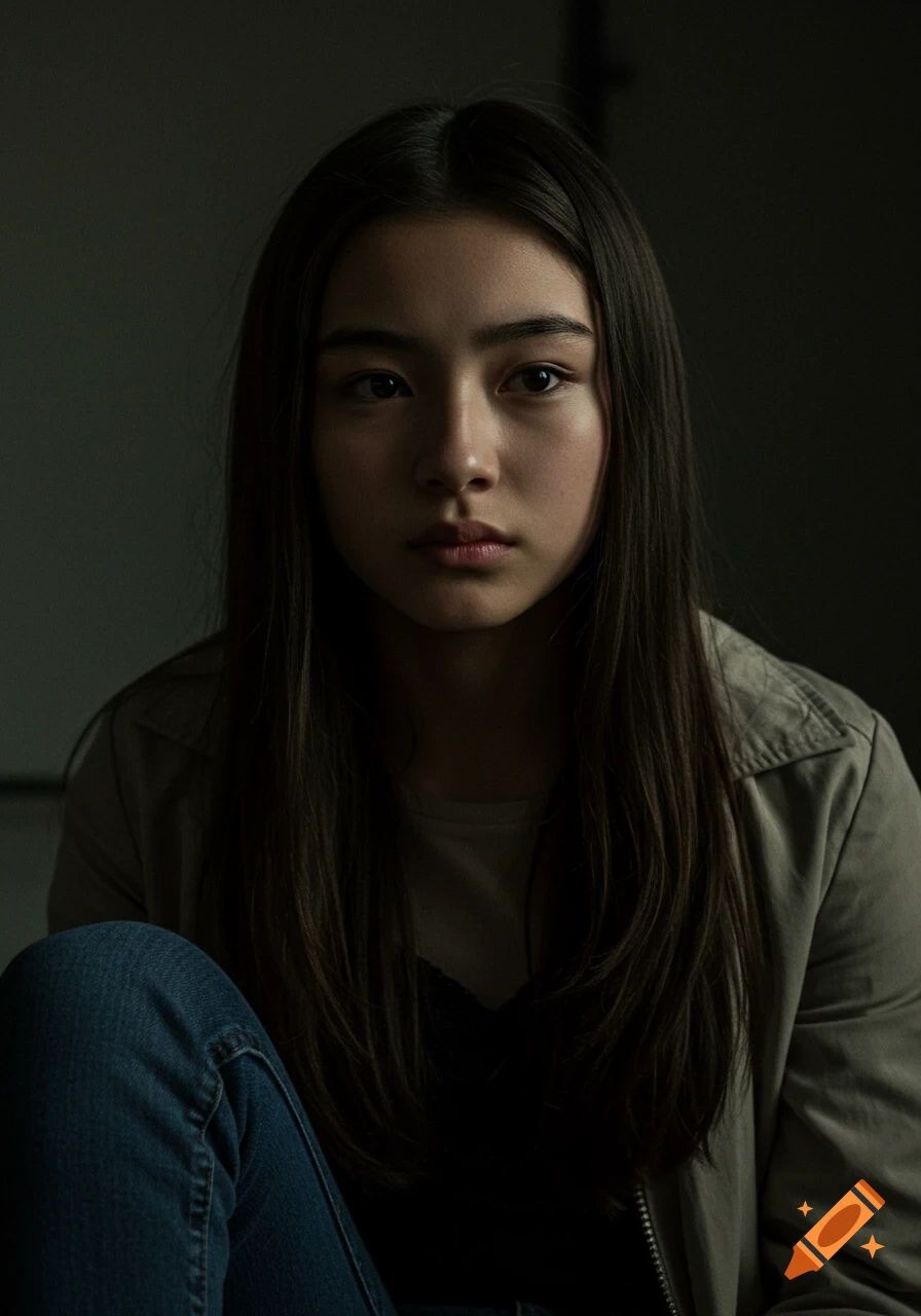 A cinematic portrait of a teenage Kazakh American girl with long dark hair, olive skin, and expressive eyes, in dramatic, moody lighting.