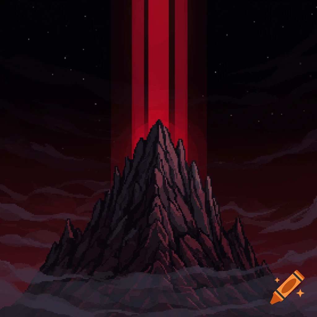 A dark, jagged pixel art mountain rises from red mist under a starry sky, illuminated by multiple red beams of light.