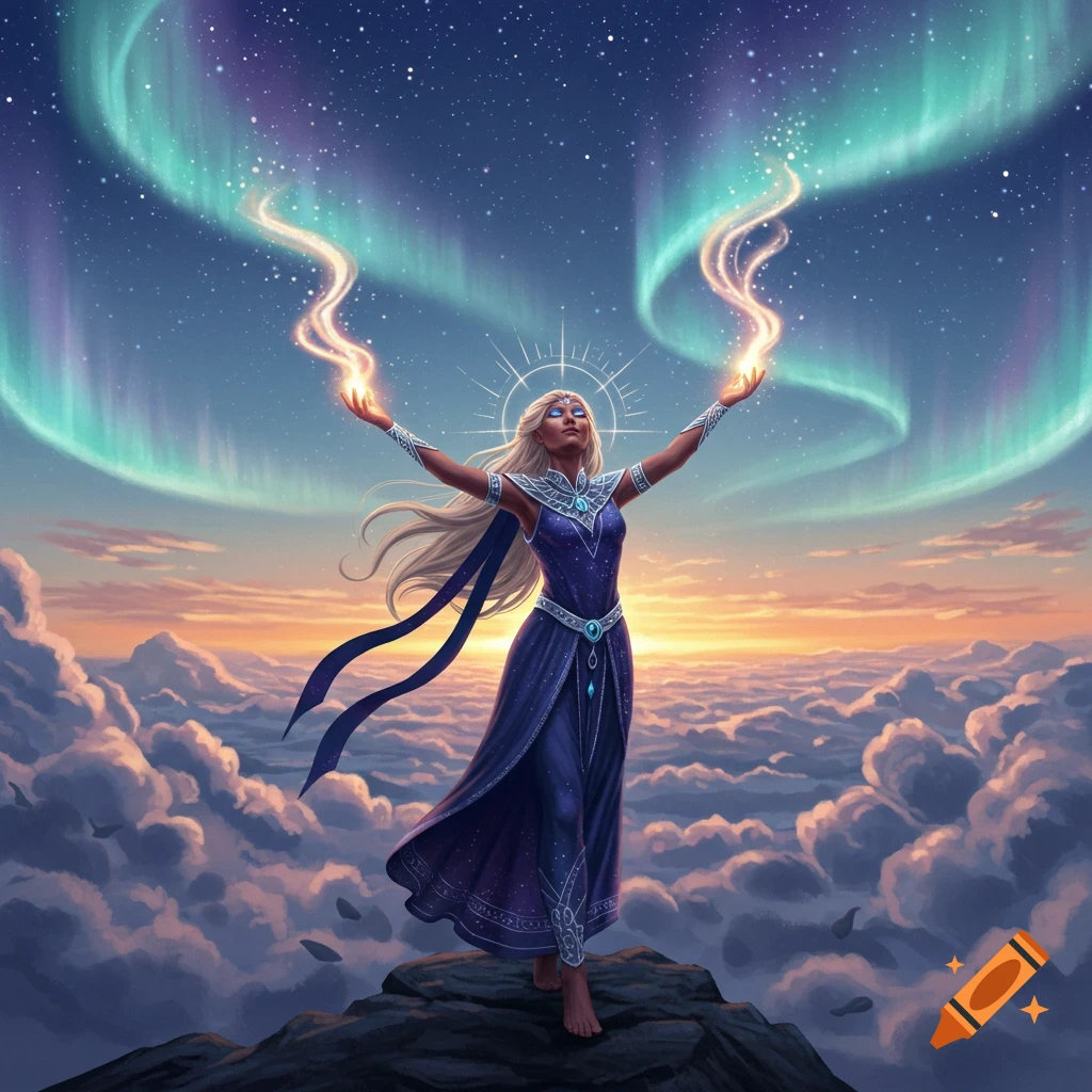 A blonde woman in a purple dress stands on a mountain above clouds, arms raised with glowing energy, under a starry sky with a green and purple aurora.