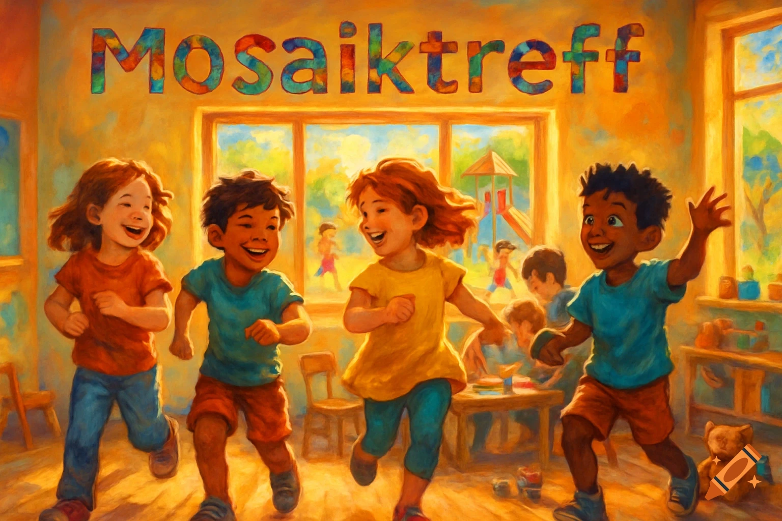 Vibrant painterly illustration of diverse children laughing and running in a bright classroom with 'MOSAIKTREFF' and a playground outside.