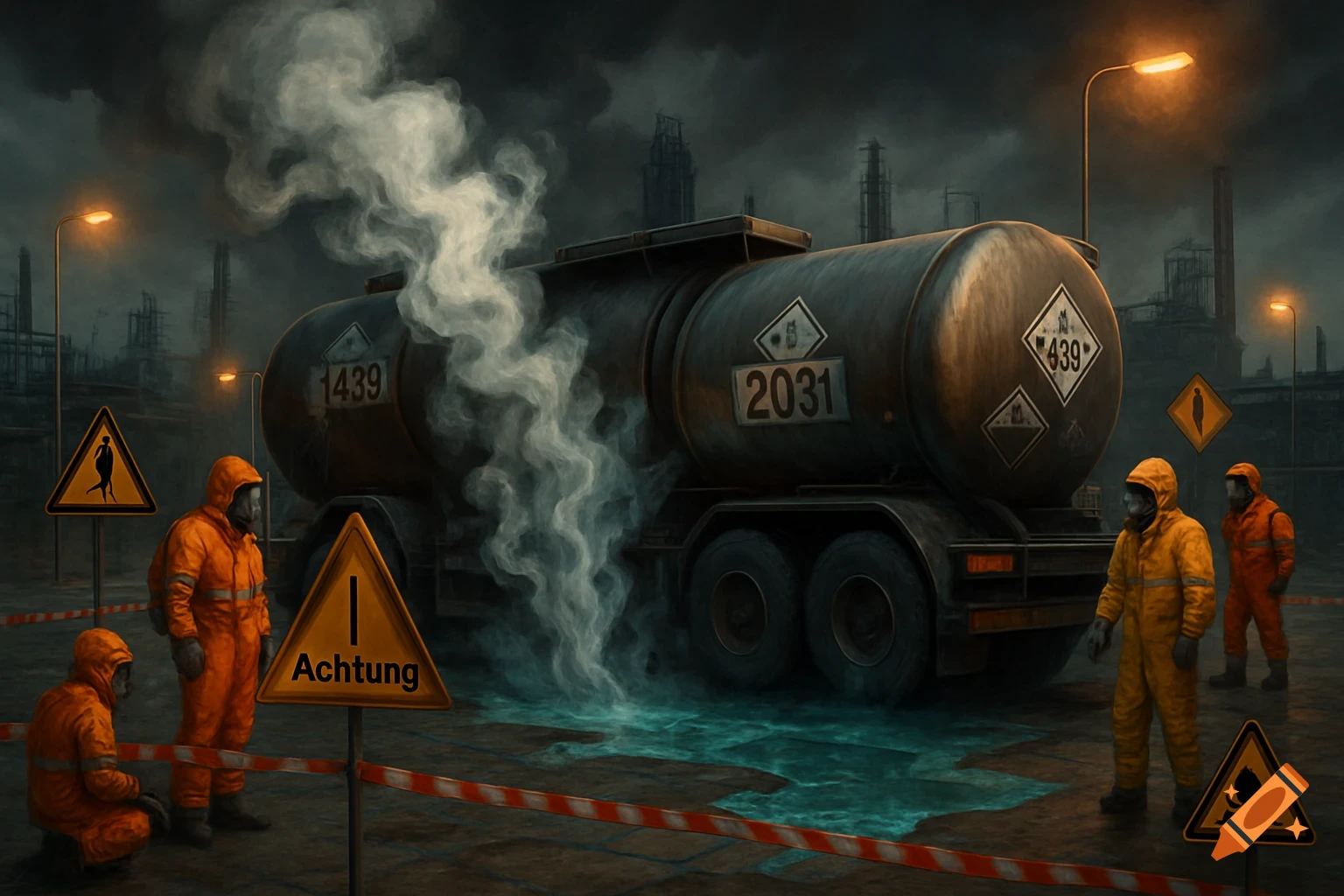An industrial scene shows a large tank truck spilling hazardous liquid, surrounded by people in orange hazmat suits and warning signs under a dark sky.