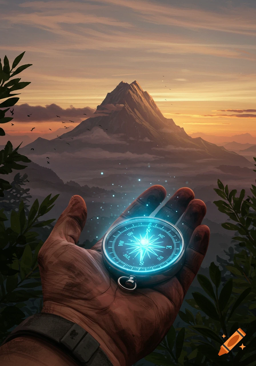 A traveler's hand holds a glowing compass pointing towards a mystical mountain at sunset, digital painting.