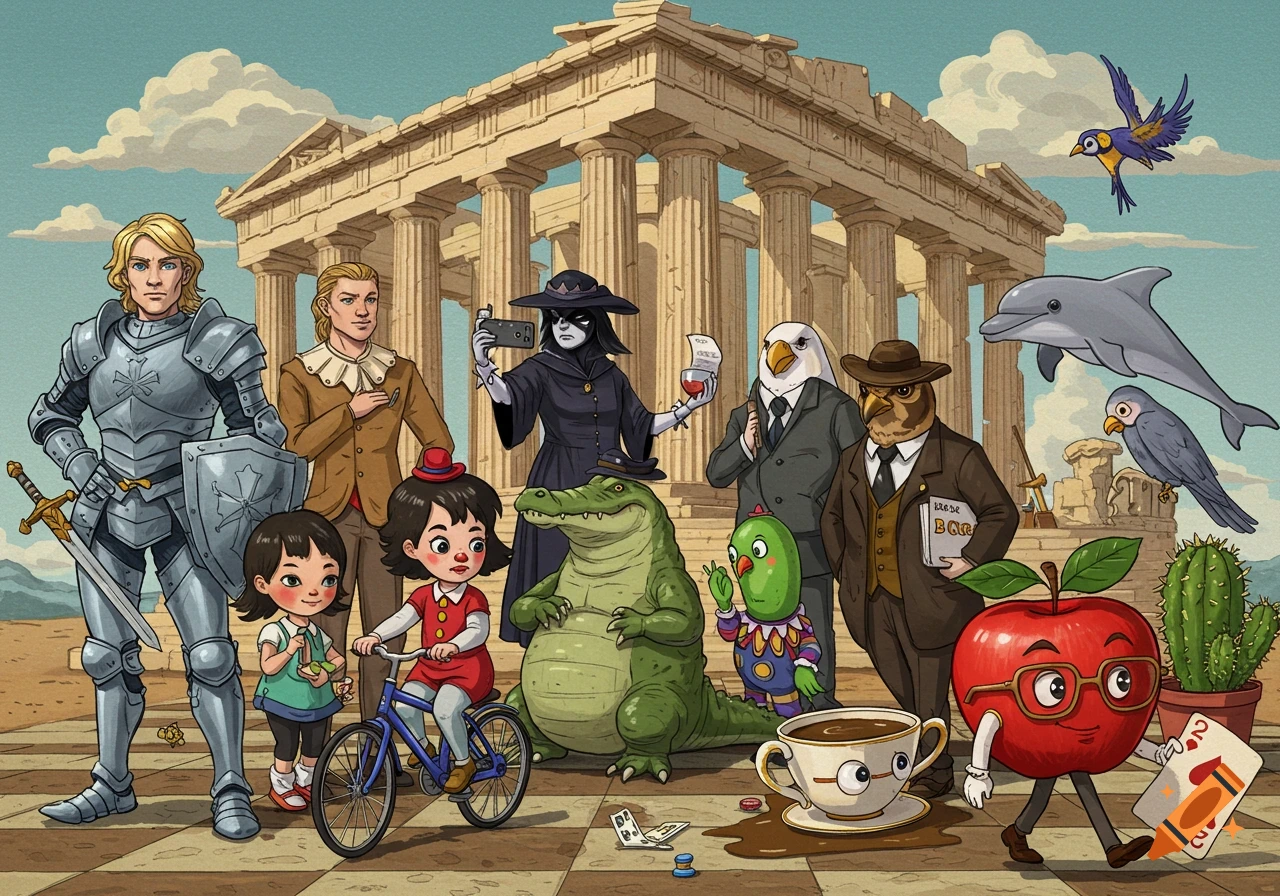A whimsical cartoon scene featuring various stylized characters, anthropomorphic animals, and objects in front of the Parthenon with crooked columns.