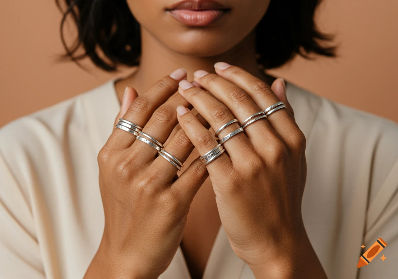 Close-up of a woman's hands wearing multiple plain rings on her fingers.