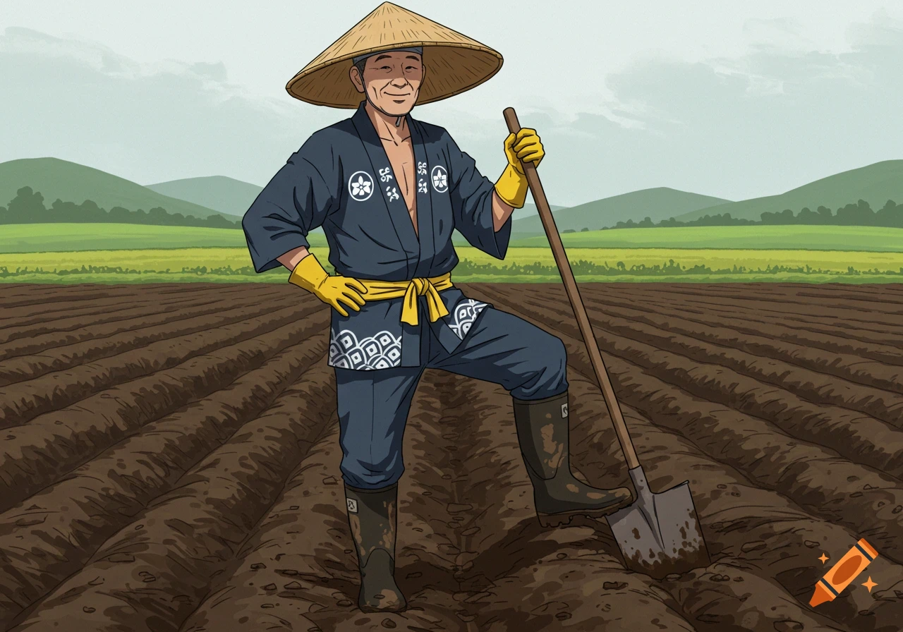 A confident East Asian farmer in traditional attire stands in a tilled field with a shovel, green hills behind him, in a digital illustration style.